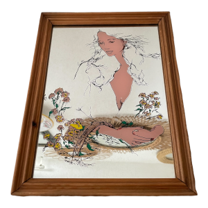 Miroir peint illustration femme avec fleurs