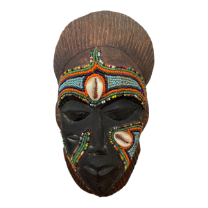 Masque passeport Baoulé statuette bois perles coquillage cauris