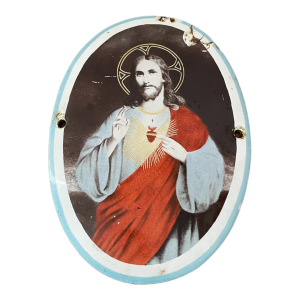 Plaque religieuse ancienne en émail bénédiction du Christ