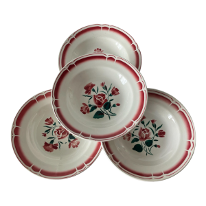 assiettes creuses Badonviller FB 78 décor floral au pochoir rose bordeaux