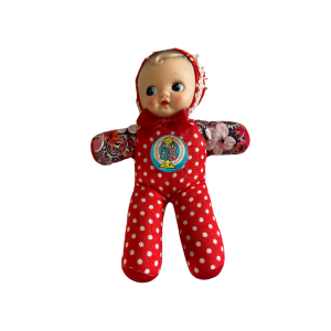 Poupée pouet tissu visage caoutchouc vintage dite Bella étiquette RPC 20cm