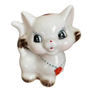 Tirelire chat gros yeux vintage en céramique Made in China