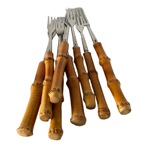 Set de 10 fourchettes à fondue vintage inox acier et bambou