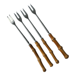 Set de 4 fourchettes à fondue vintage inox acier et bambou