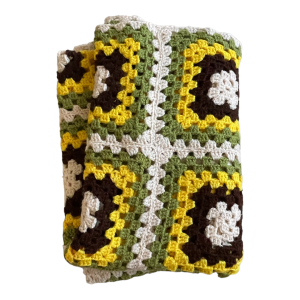 Plaid au crochet fait main vintage 70 granny squares brun jaune vert anis
