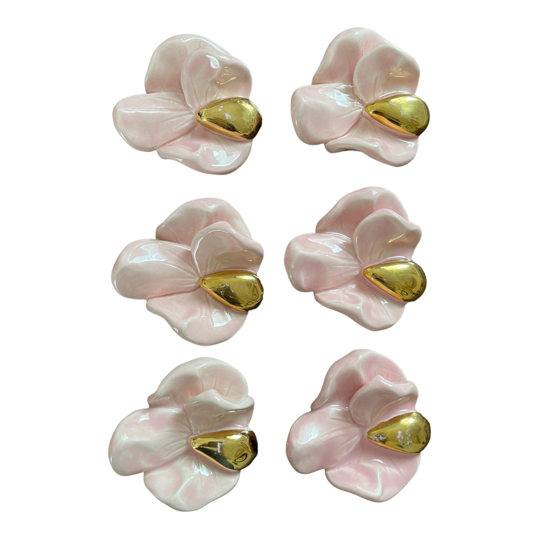 Porte couverts couteaux porcelaine fleurs pensées rose doré
