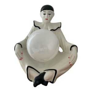 Lampe Pierrot assis vintage en céramique et globe