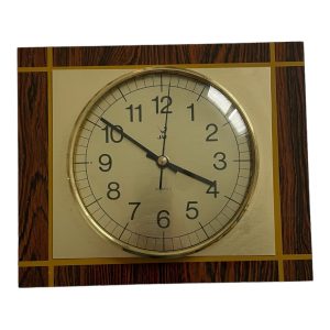 Pendule horloge murale vintage formica métal doré Jaz